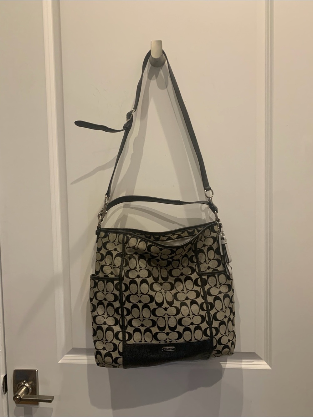 Coach Signature Canvas Shoulder Bag in Cream and Navy